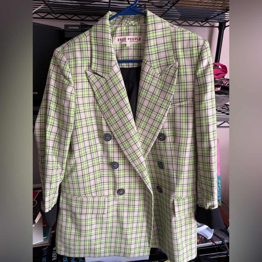 Free People Lime Checkered Blazer